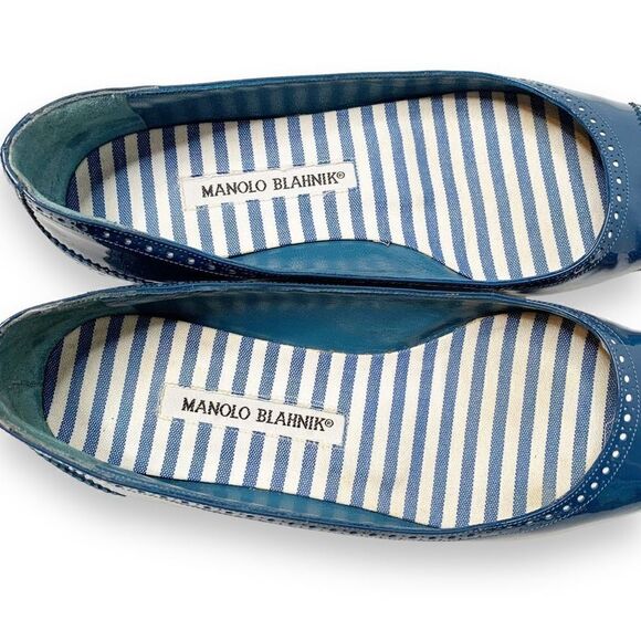 Manolo Blahnik PETUNIA Brogue Patent Leather Blue Tuxedo Ballet Flats Women’s 37 - Picture 6 of 9